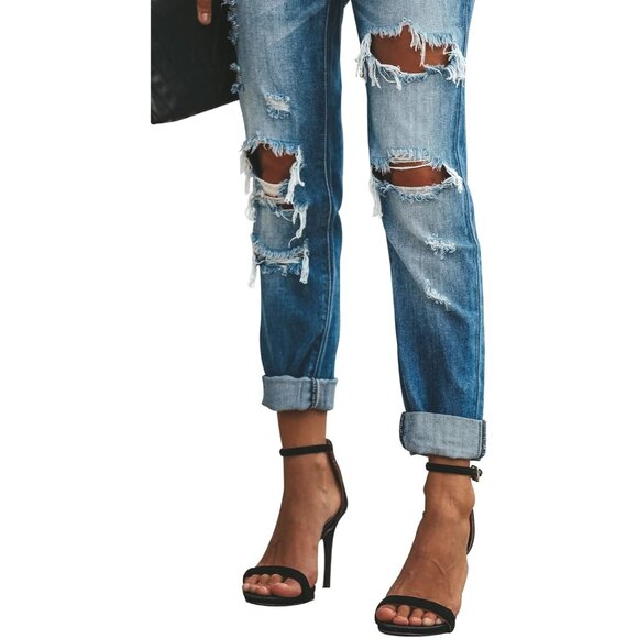 Women's Ripped Mid Waisted Boyfriend Jeans Stretchy Denim Casual Pants - Picture 5 of 5